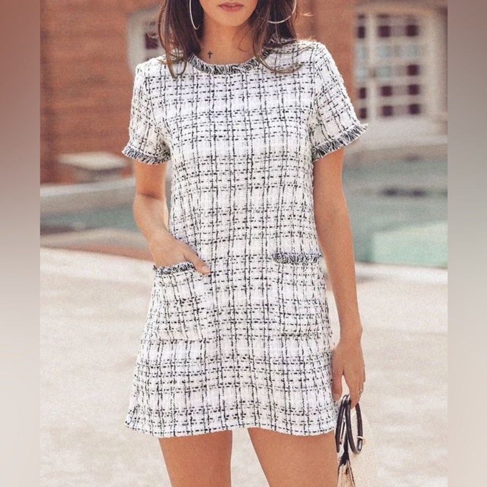 Storets Tweed Multicolor Fringe Hem Dress